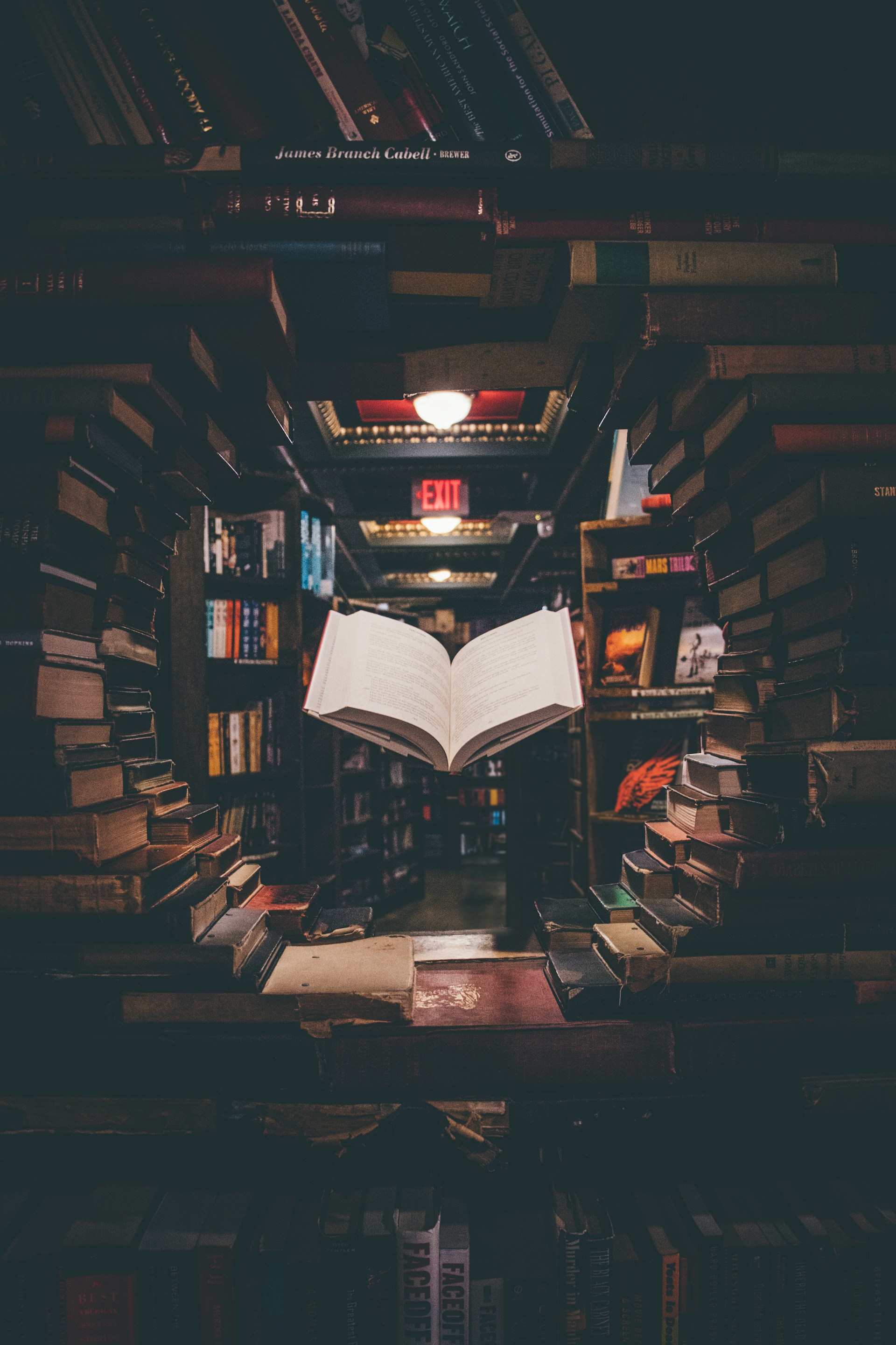 A book suspended in midair as if by magic, surrounded by hundreds of other books.