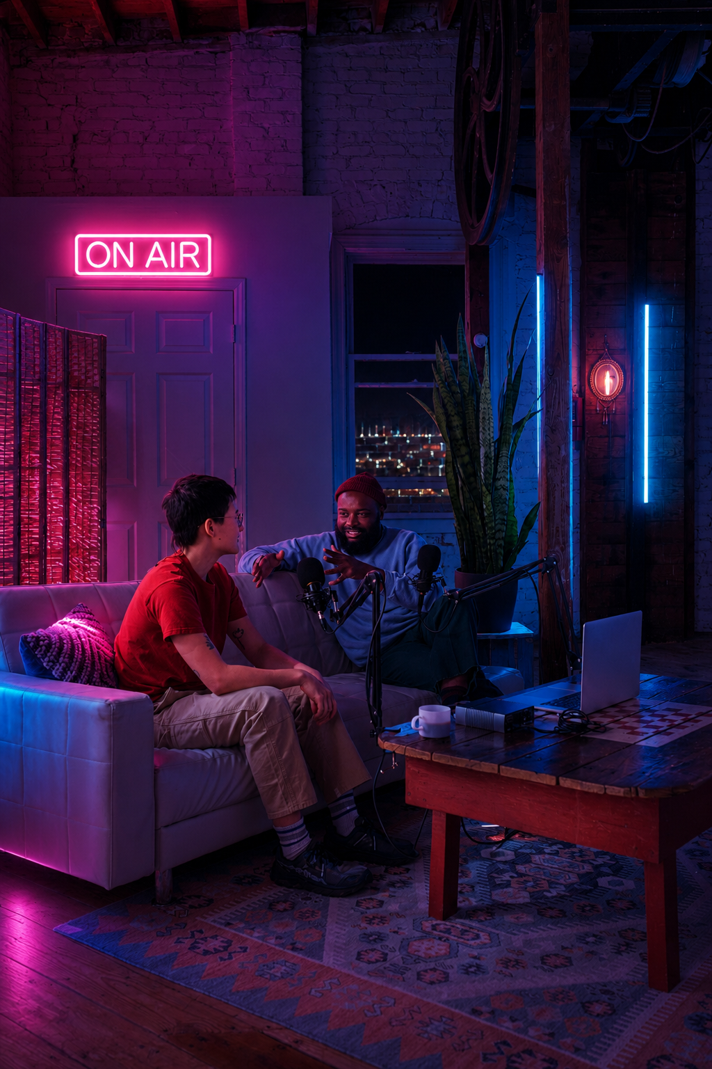 Two podcasters recording an episode in a studio.