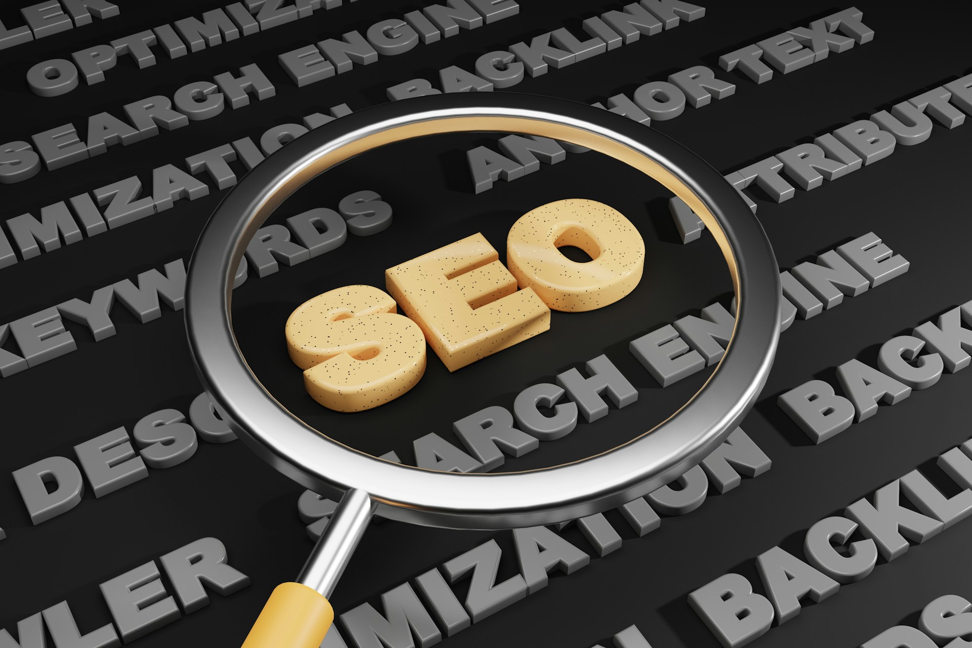 A magnifying glass hovering over the word 'SEO.'